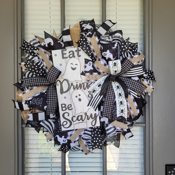 handmade Other - Halloween Ghost Wreath, Eat Drink and Be Scary Wreath, Halloween Party Decor